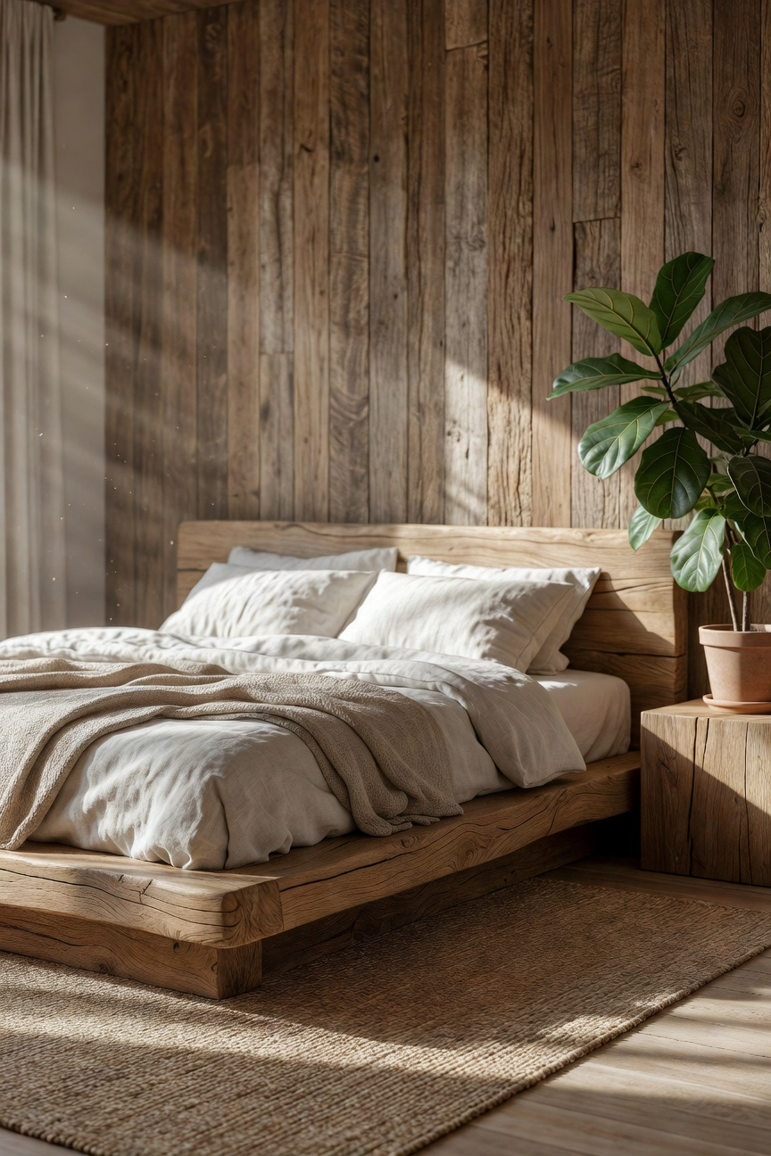 Serene Japandi bedroom featuring a raw, unfinished oak timber platform bed and matching accent wall, demonstrating biophilic design integration and a restorative mood.