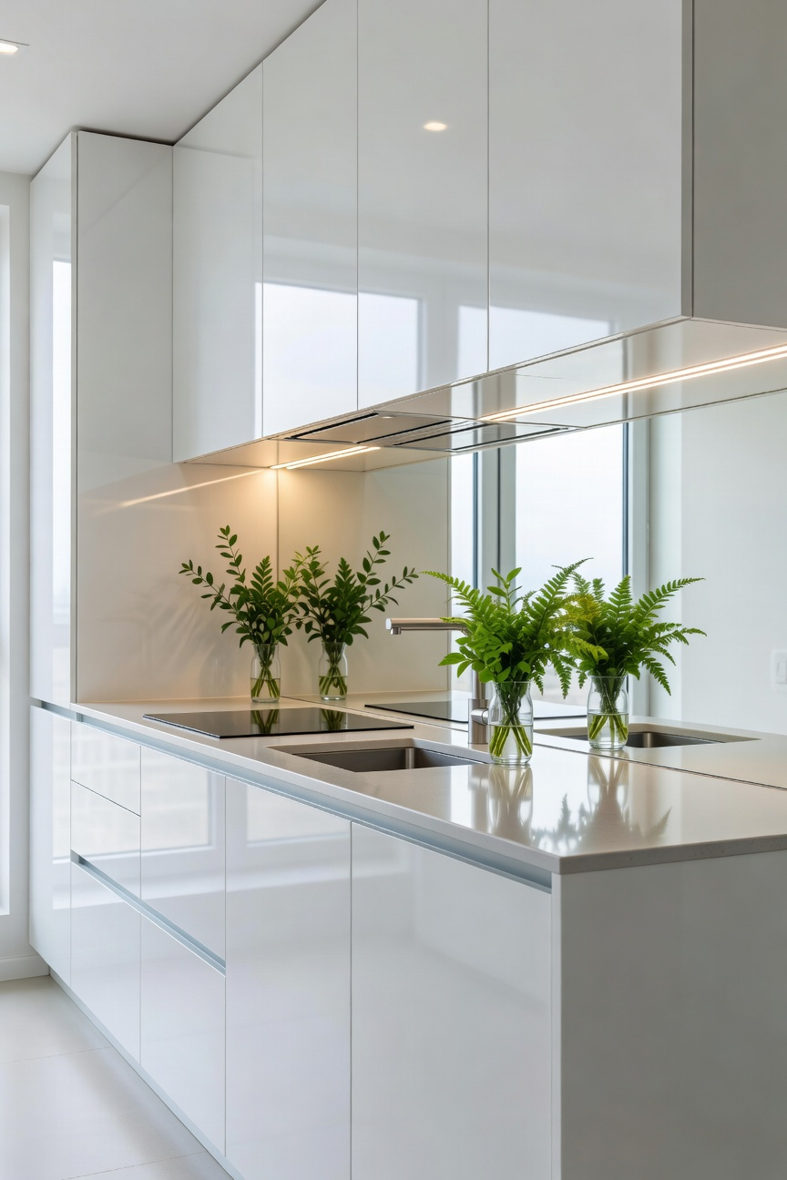 A compact apartment kitchen featuring high-gloss white cabinets and a large mirror panel backsplash dramatically reflecting light and maximizing the perceived size of the space.