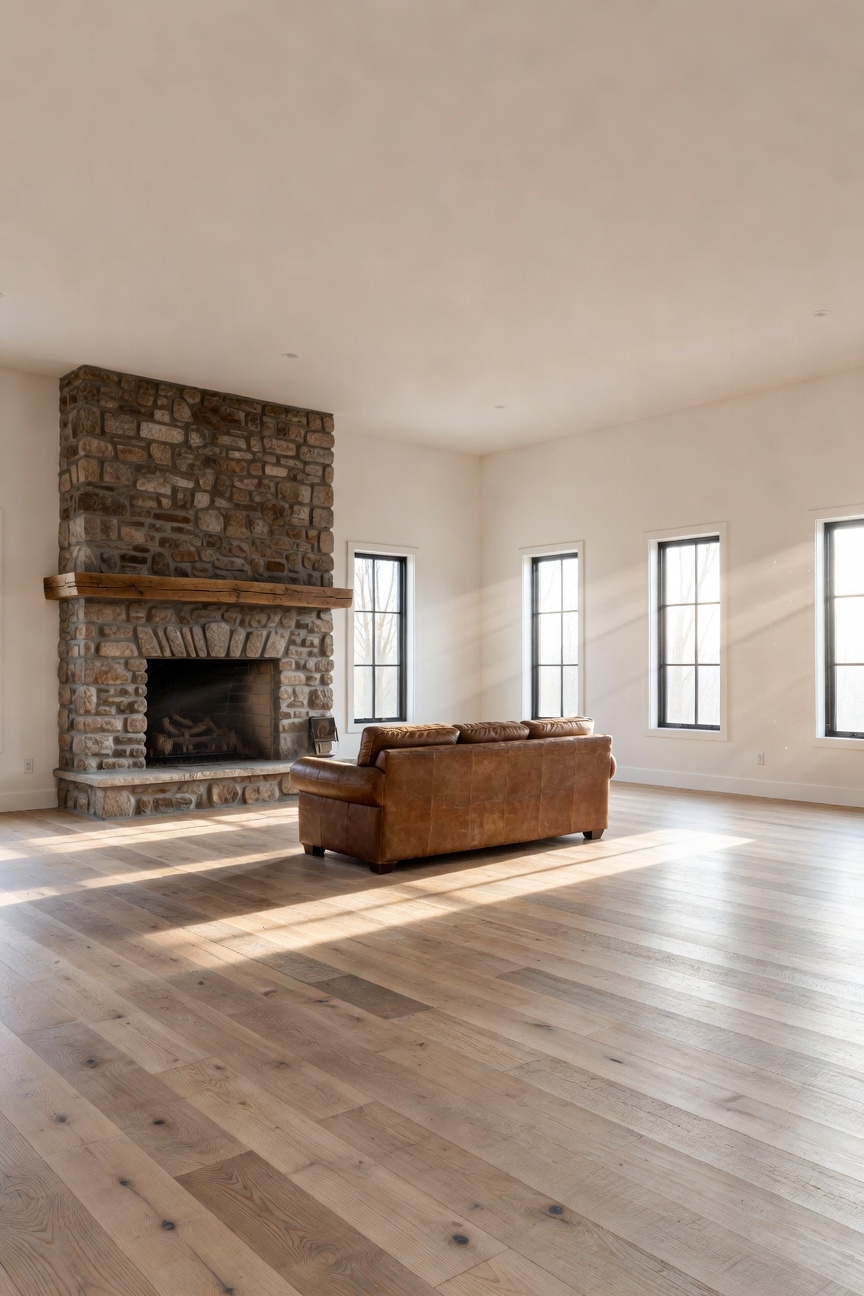 A large rustic living room with a stone fireplace and leather sofa featuring wide open floor space to illustrate negative space design.