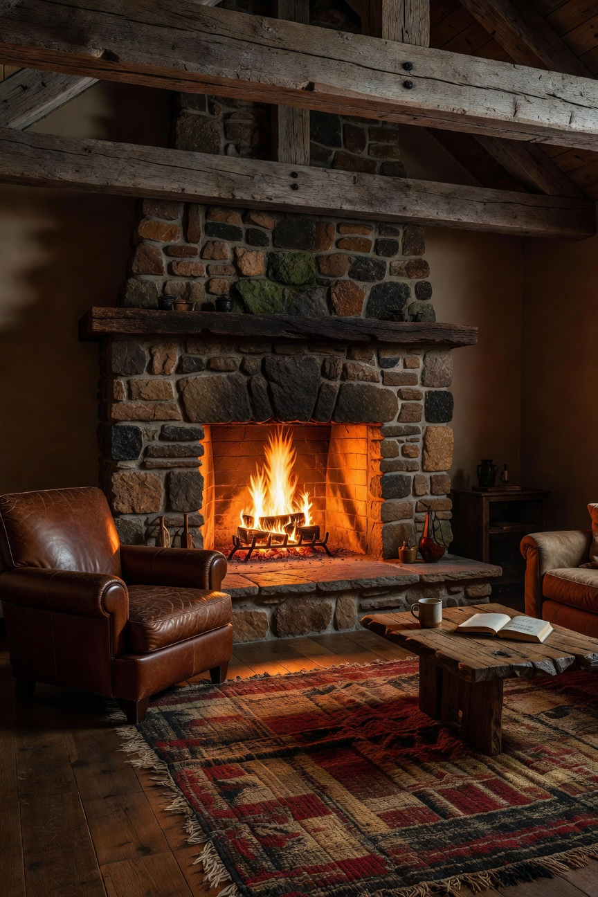 A rustic living room scene with a glowing fireplace casting warm amber light on stone walls and wooden beams.