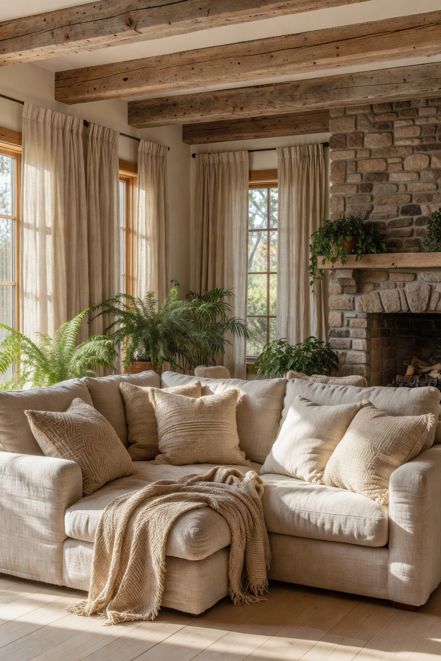 A bright rustic living room decorated with natural linen curtains, a linen sofa, and reclaimed wood beams under soft sunlight.