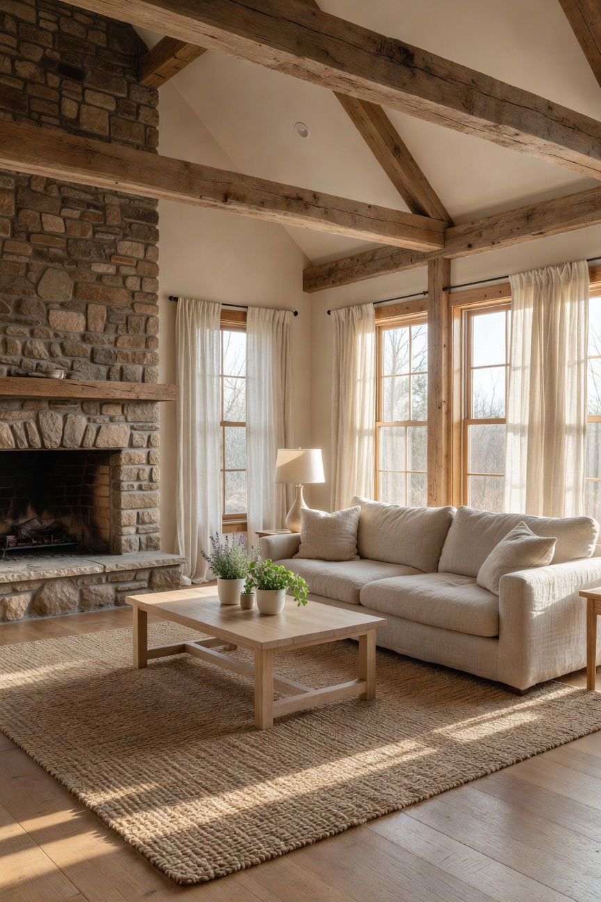 A sun-drenched rustic living room featuring linen upholstery and a jute rug to showcase summer seasonal decor transitions.