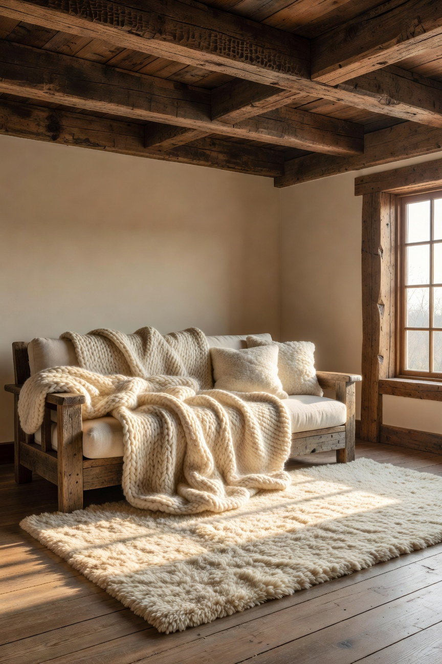 A rustic living room featuring dark rough-hewn wooden ceiling beams balanced by soft cream chunky-knit wool blankets and a plush rug.