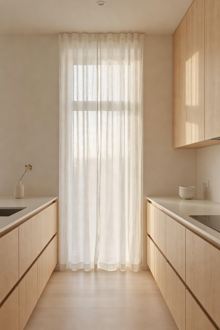 A minimalist Scandinavian apartment kitchen featuring sheer white linen curtains diffusing warm daylight, casting a soft glow over light wood cabinets and white countertops.