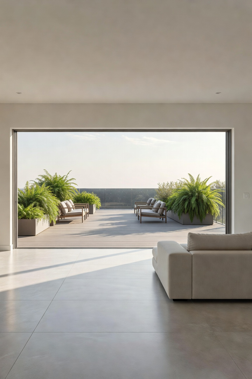 Architectural photograph showing a seamless flush threshold where light gray interior flooring meets exterior composite wood decking, with fully open sliding glass doors creating an integrated outdoor living room.