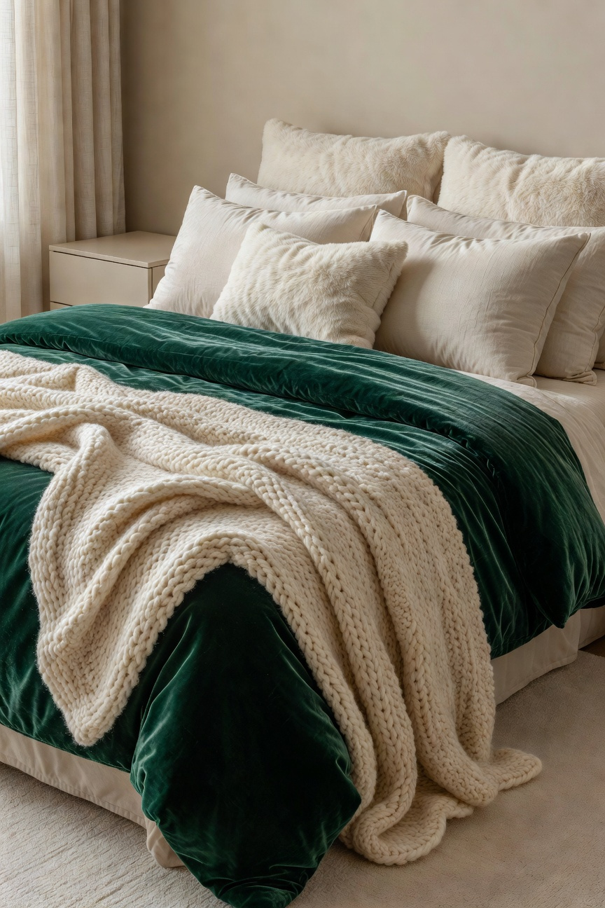 A luxurious bedroom featuring a king bed layered with deep emerald velvet and an oversized cream chunky knit blanket, emphasizing soft, calming textures for sensory well-being.