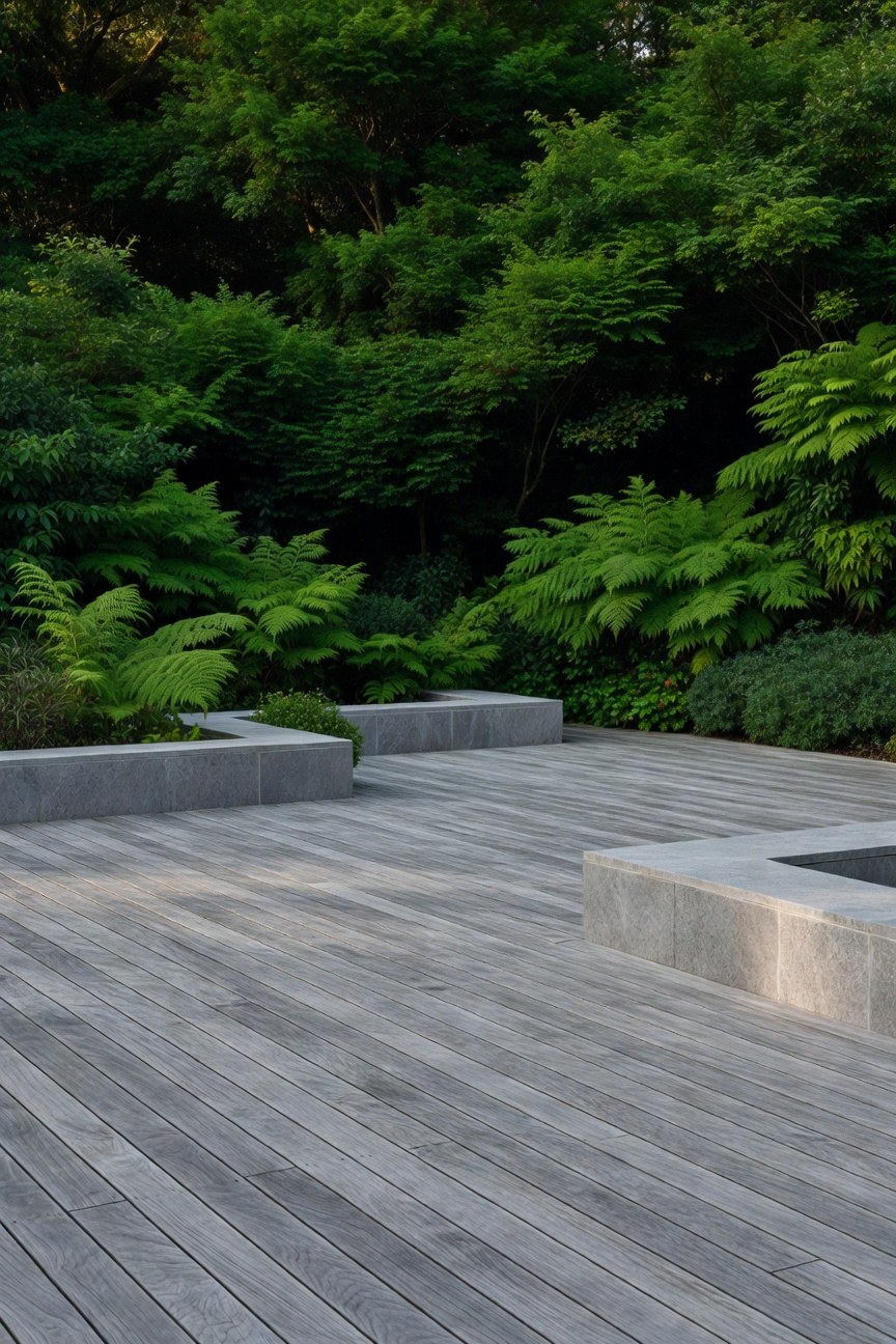 A modern deck with a silvery-gray weathered wood patina, contrasted sharply against dense, vibrant emerald green surrounding forest foliage.