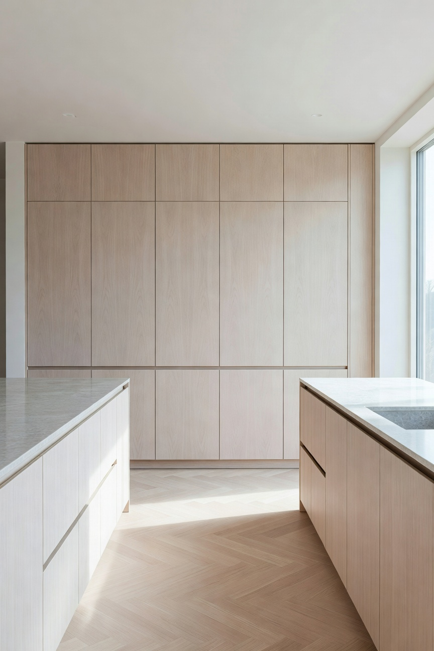 A modern Scandinavian kitchen featuring seamless floor-to-ceiling light wood storage cabinets and a clutter-free minimalist design.