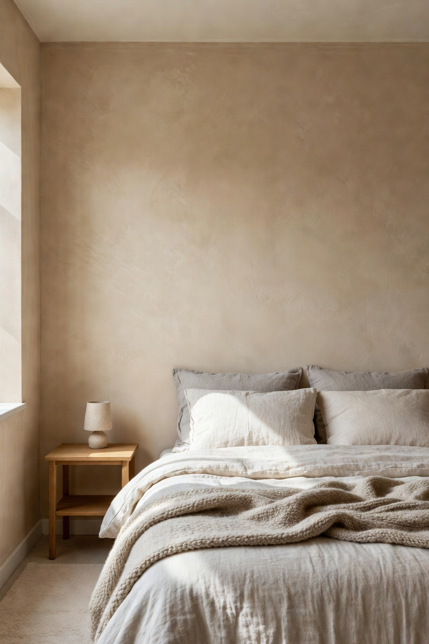 A small bedroom with textured limewash walls and layered linen bedding designed to create visual depth and a sense of space.
