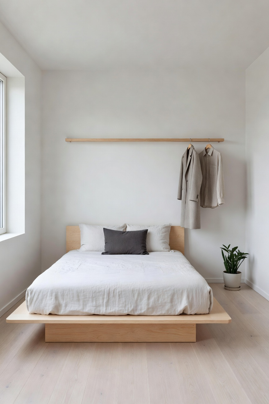 A serene and organized small Scandinavian bedroom with light wood furniture and minimalist decor to promote a calm atmosphere.