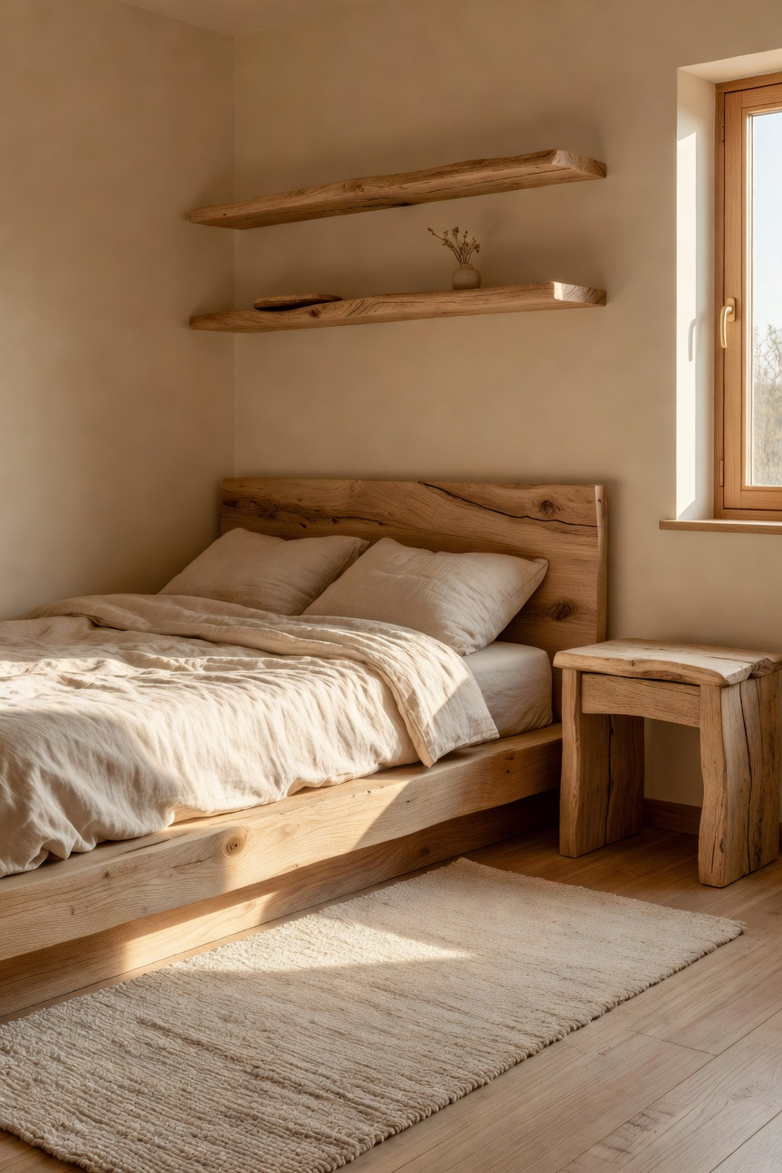 A small bedroom design featuring raw wood furniture and a wooden bed frame to create a grounding natural anchor.