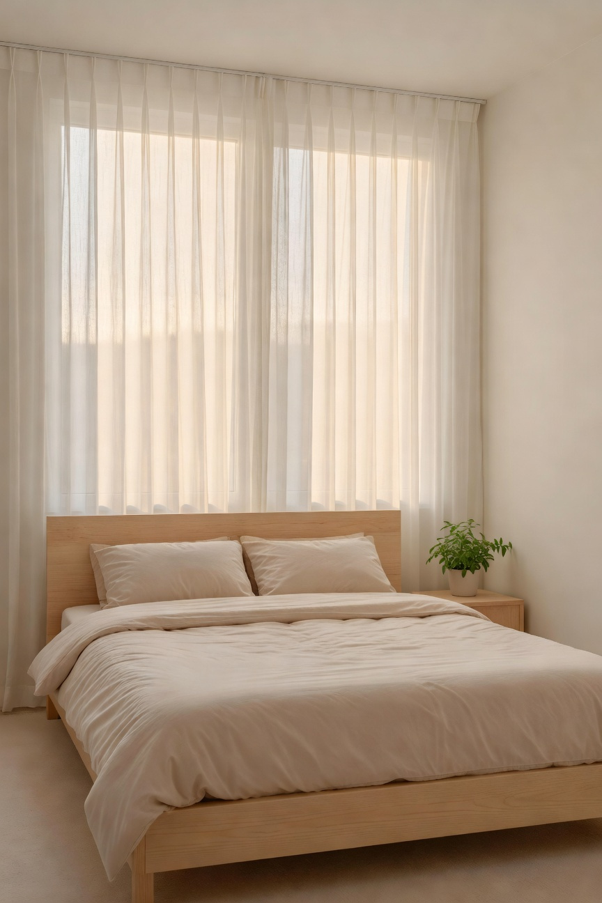 A bright small bedroom featuring sheer white curtains that diffuse natural sunlight to create a warm and airy atmosphere.