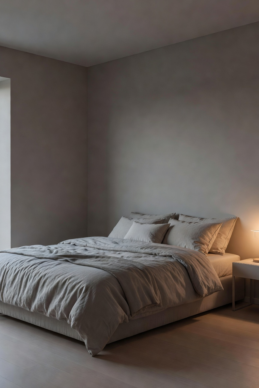 A small bedroom featuring warm Nordic grey walls and soft lighting that blurs corners to create an infinity effect.