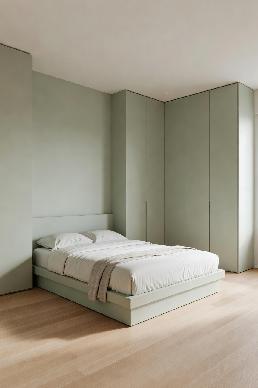 A small modern bedroom featuring floor-to-ceiling built-in wardrobes painted the same sage green color as the walls for a hidden storage effect.