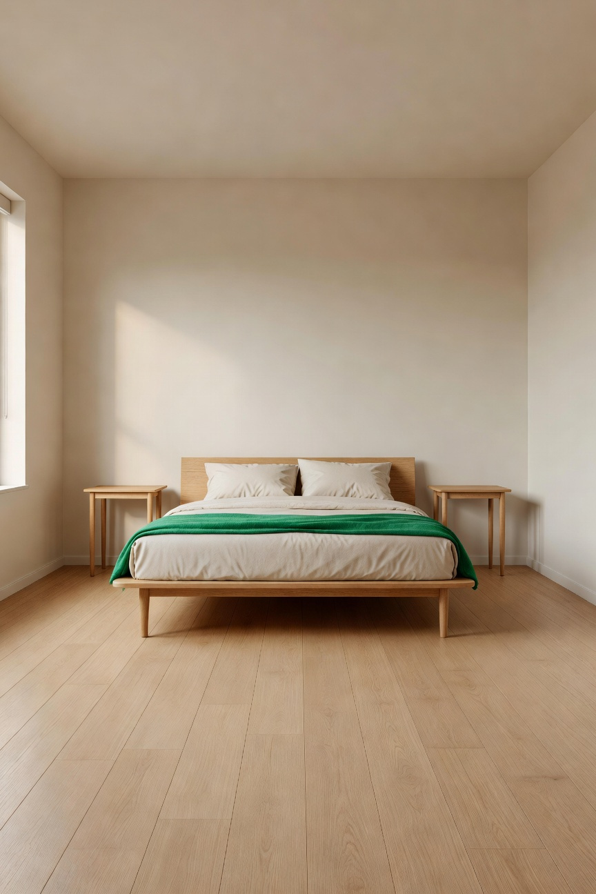 A small modern bedroom featuring leggy furniture and light wood floors that create an open and spacious feeling.
