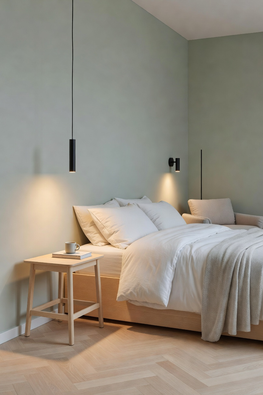 A small Scandinavian bedroom featuring a low-hung pendant light over a bedside table to create a distinct pool of light and a sense of refuge.