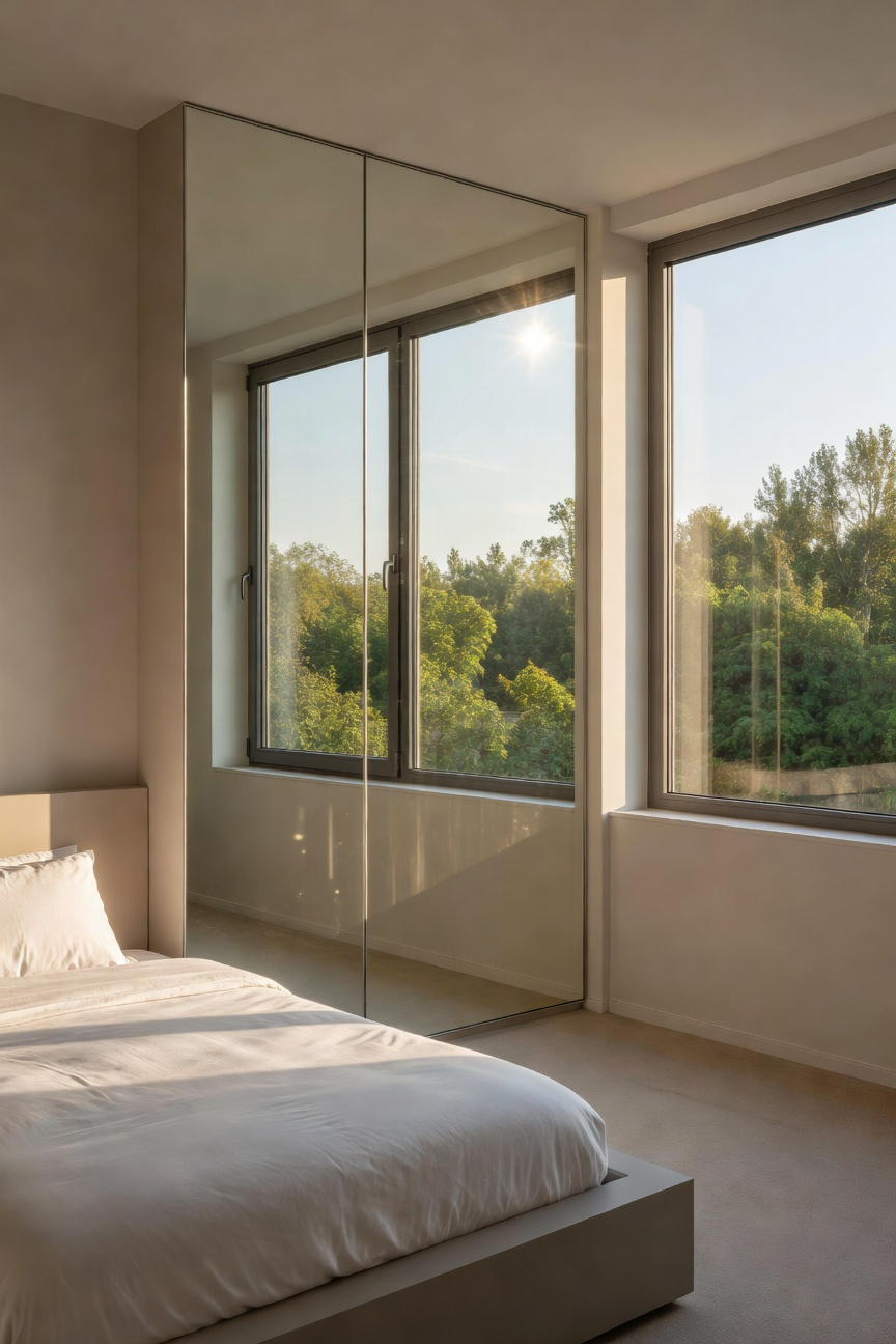 A small modern bedroom with a large wall mirror placed opposite a window to reflect the outdoors and increase the sense of space.