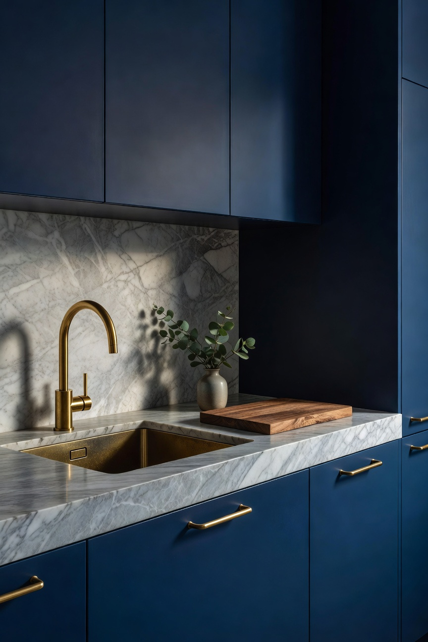 A curated, small apartment kitchen featuring deep indigo blue cabinetry, a thick slab Carrara marble countertop and backsplash, and unlacquered brass hardware, demonstrating luxury through material investment.