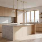 A modern Nordic kitchen featuring light oak cabinetry, a large marble island, and soft natural lighting to illustrate soft modernism design.