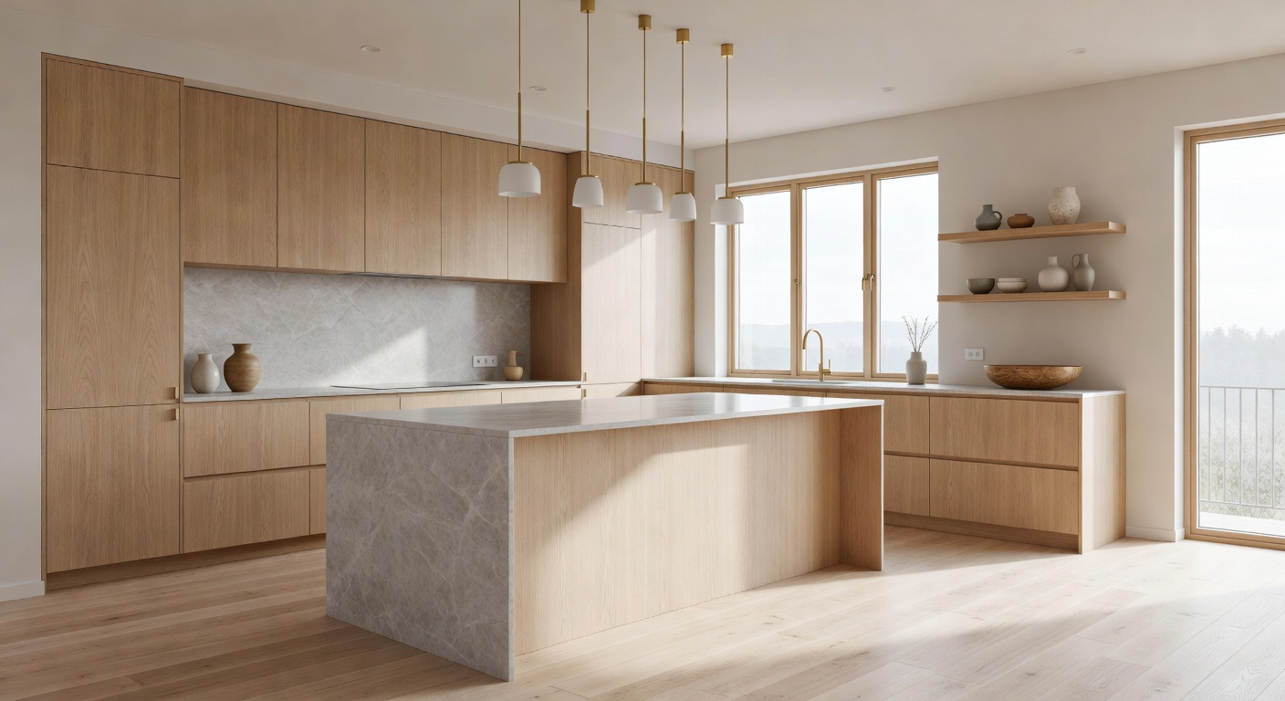 A modern Nordic kitchen featuring light oak cabinetry, a large marble island, and soft natural lighting to illustrate soft modernism design.
