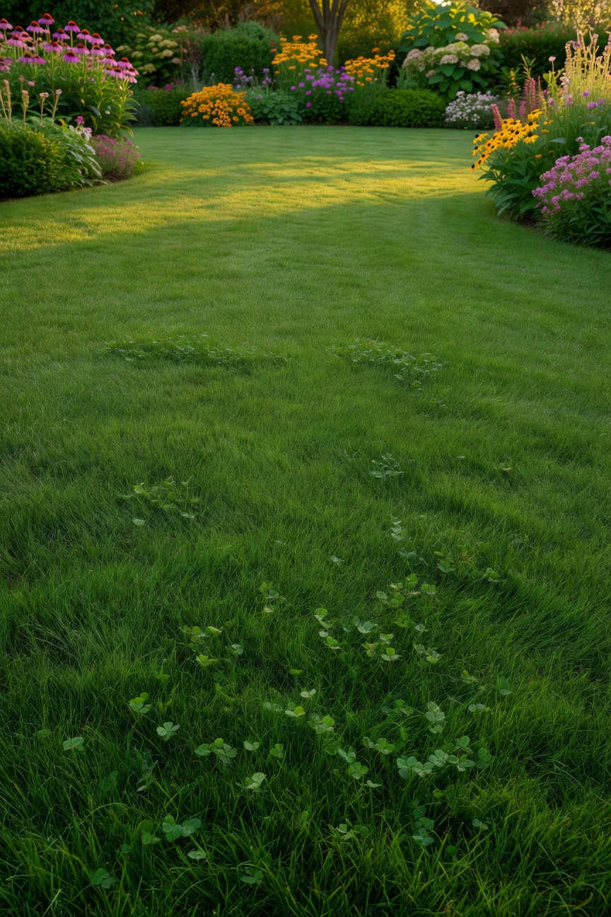 A wide shot of a sustainable lawn garden featuring a uniform mix of green fescue grass and small micro-clover leaves in a backyard setting.