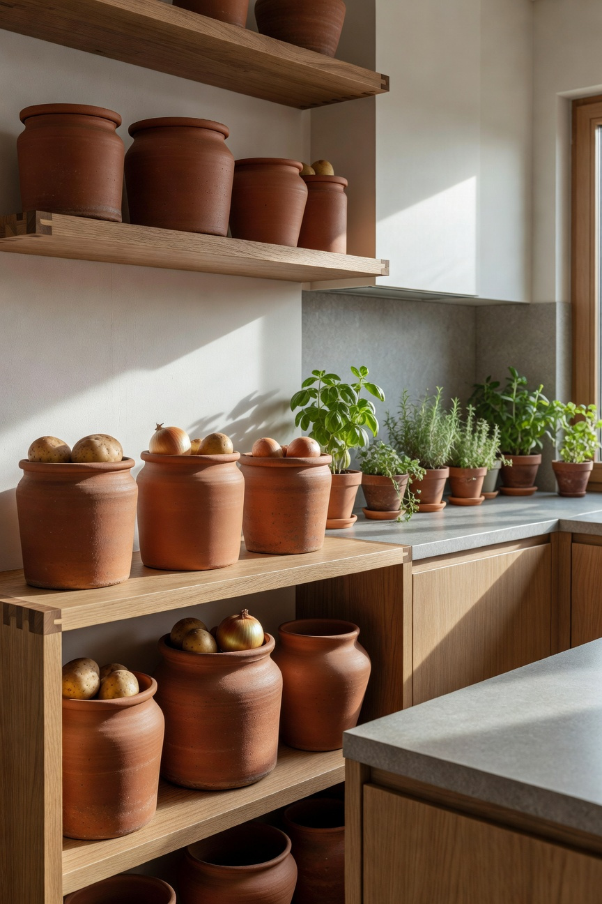 A bright kitchen featuring unglazed terracotta storage jars and wooden shelves with traditional joinery for sustainable vegetable preservation.