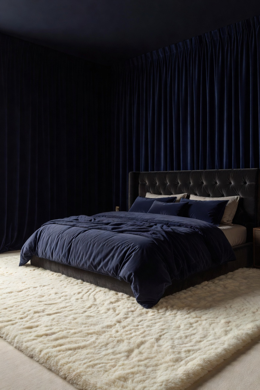 Professional interior photograph showcasing a luxurious 'cocoon' bedroom featuring heavy indigo velvet drapery fully drawn and a plush ivory wool rug for sound absorption and sensory comfort.