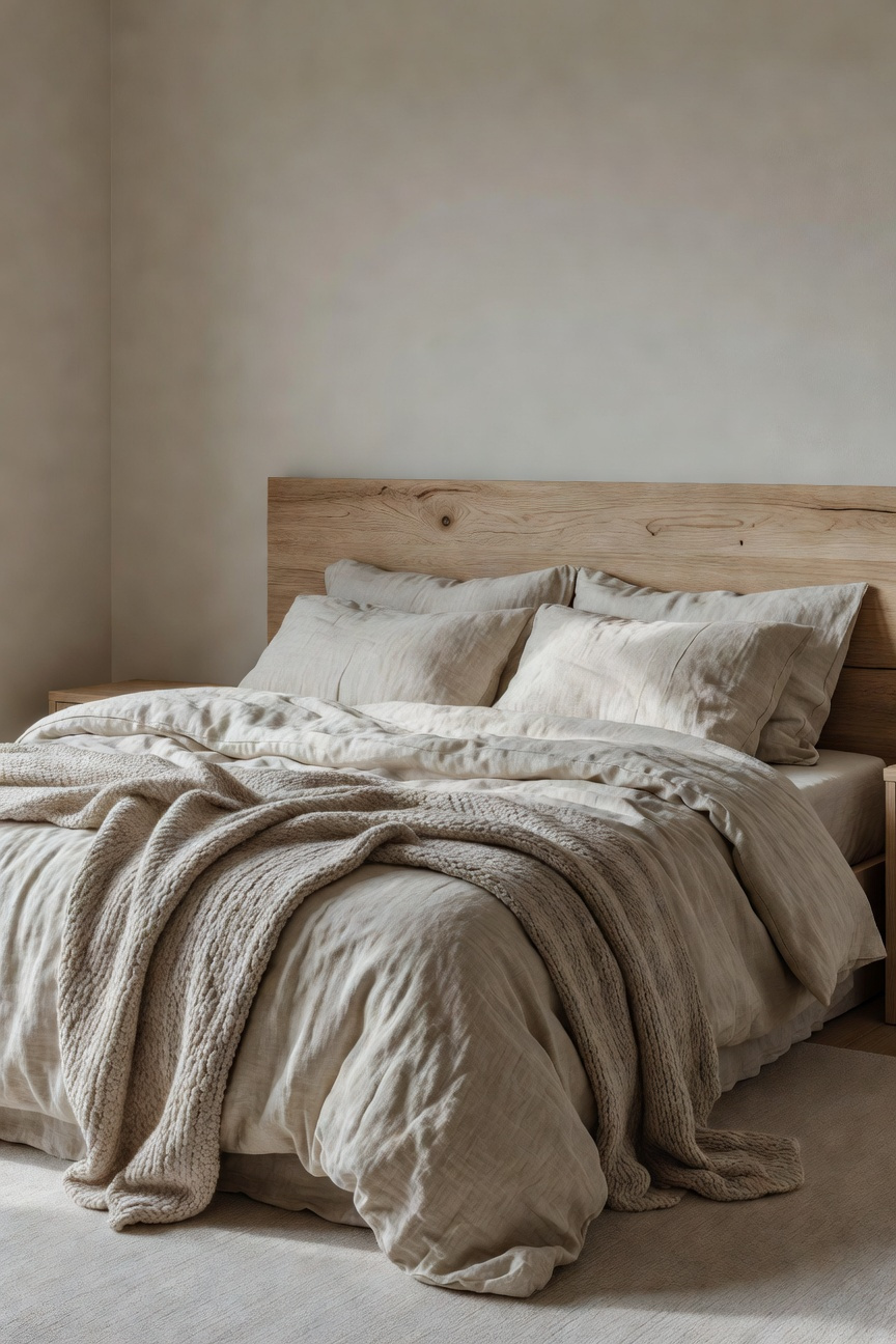A serene, minimalist bedroom featuring a king bed layered with rumpled oatmeal linen bedding and a chunky cream cable knit throw, emphasizing natural textures over busy patterns.