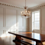 A formal traditional dining room featuring elegant white wainscoting, a dark wood dining table, and a crystal chandelier.
