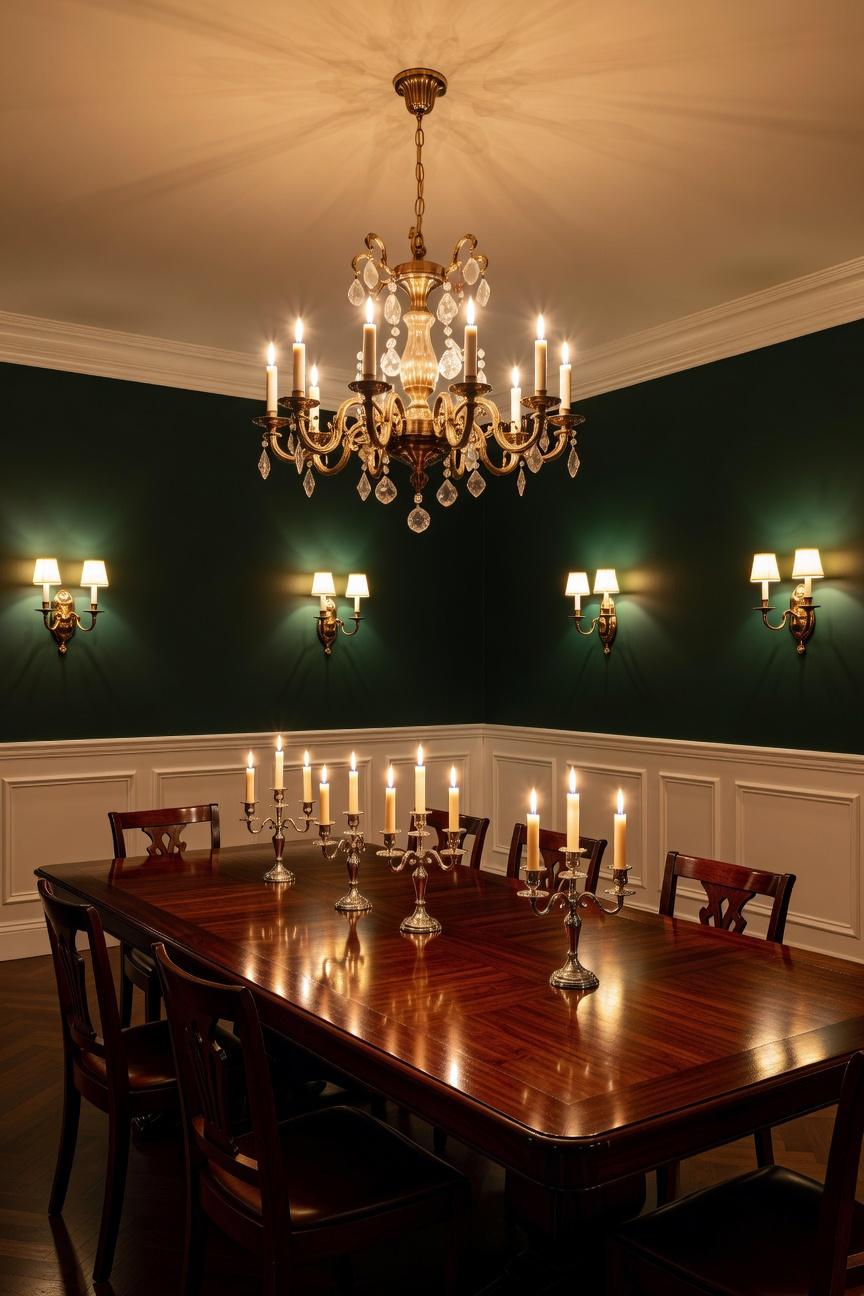 A well-lit traditional dining room featuring a central chandelier, wall sconces on wainscoted walls, and a candlelit dining table.