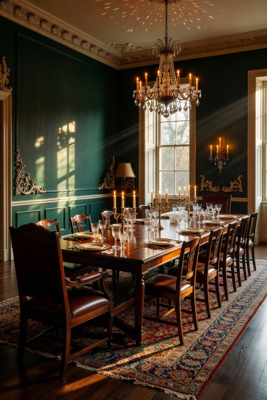 A grand traditional dining room with a mahogany table featuring prominent Captain chairs at each end and elegant table settings.