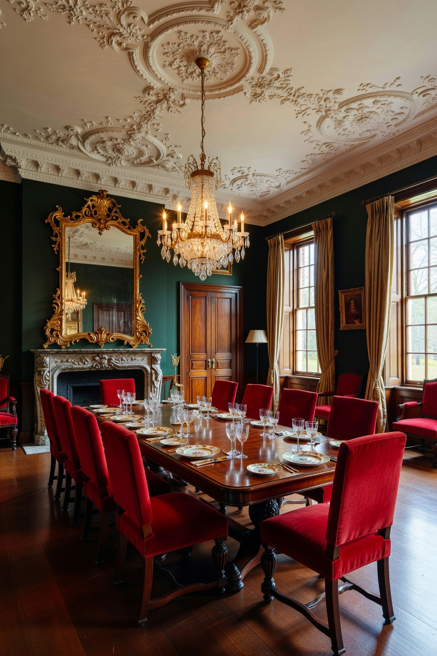 An elegant traditional dining room with ornate ceiling moldings and a crystal chandelier, designed to hide modern HVAC and audio systems.