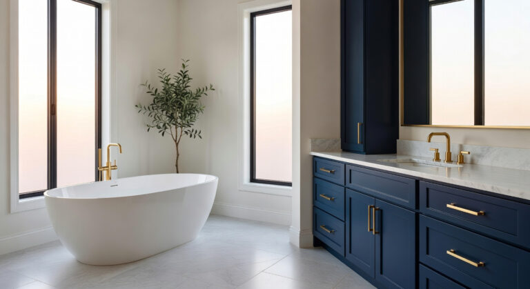 A luxury transitional bathroom with a freestanding tub and navy shaker cabinets under bright natural light.