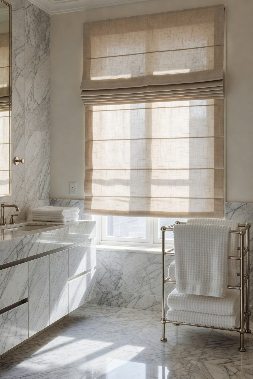 A bright transitional bathroom design featuring elegant Carrara marble surfaces and custom linen Roman shades with crisp knife-pleat folds.