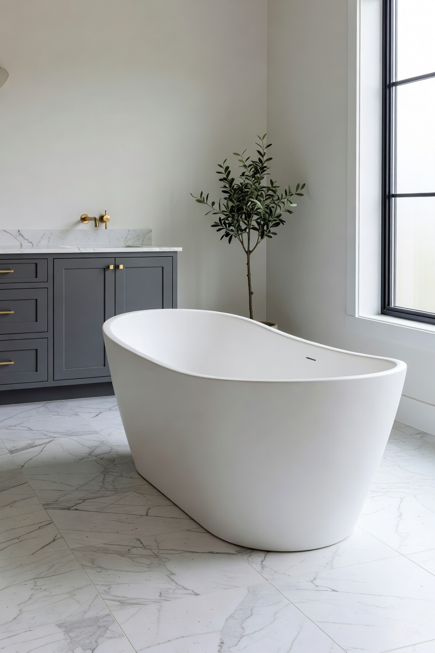 A modern matte resin freestanding slipper tub in a luxury transitional bathroom with marble floors and soft gray cabinetry.