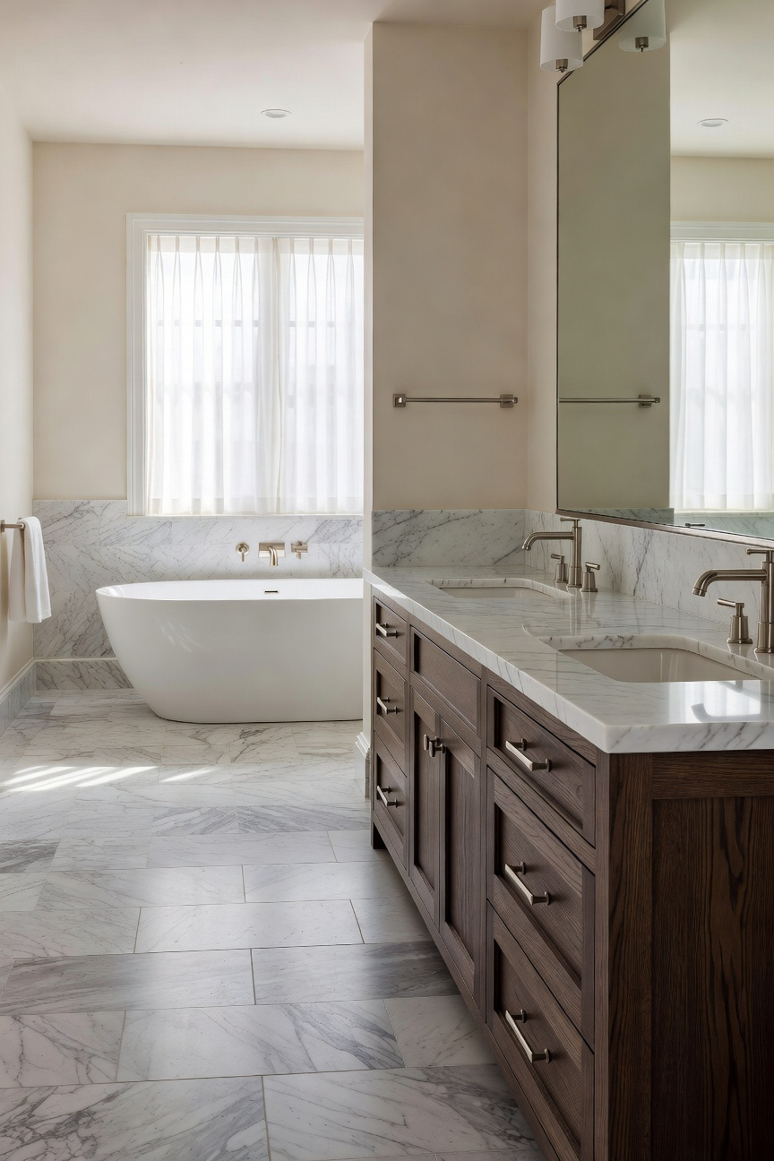 A luxurious transitional bathroom featuring matte marble floor tiles contrasted with a high-gloss polished vanity countertop and warm wood accents.