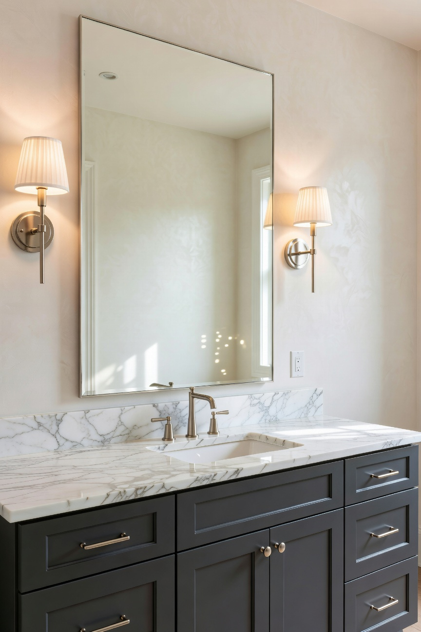 A luxury transitional bathroom vanity featuring a large frameless mirror flanked by two traditional fabric-shade sconces on a marble countertop.