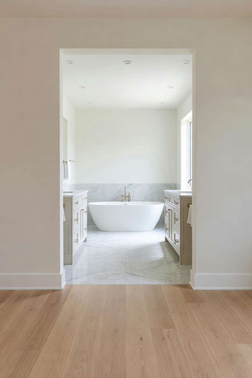 An open-concept transitional primary suite showing a direct visual line from the bedroom into a bright marble bathroom with a freestanding tub.