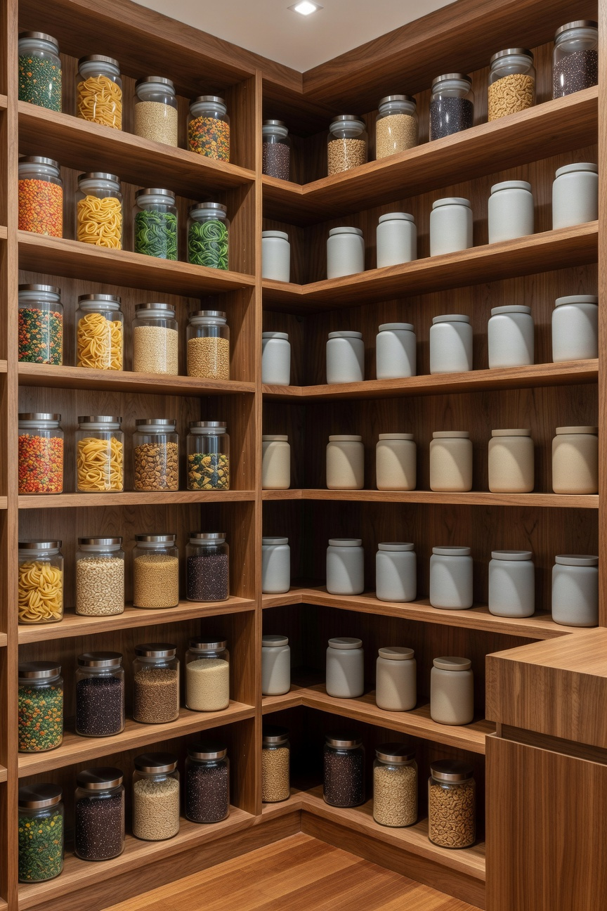 Luxury kitchen pantry featuring organized rows of uniform glass jars and ceramic vessels on wooden shelves filled with bulk dry goods.
