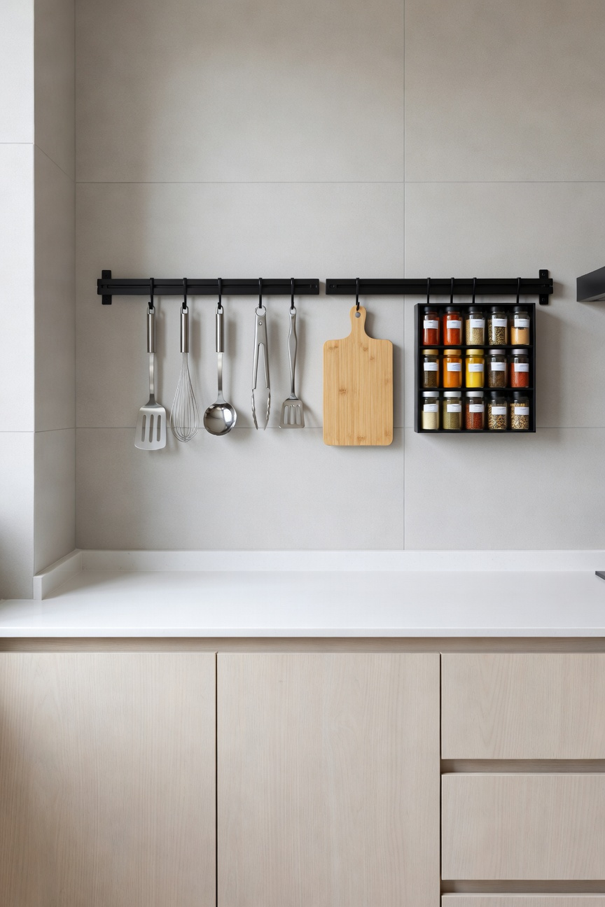 A compact modern apartment kitchen featuring a matte black vertical rail system installed on a pale gray tile backsplash, efficiently holding kitchen tools and spices, leaving the white quartz countertop completely clear.