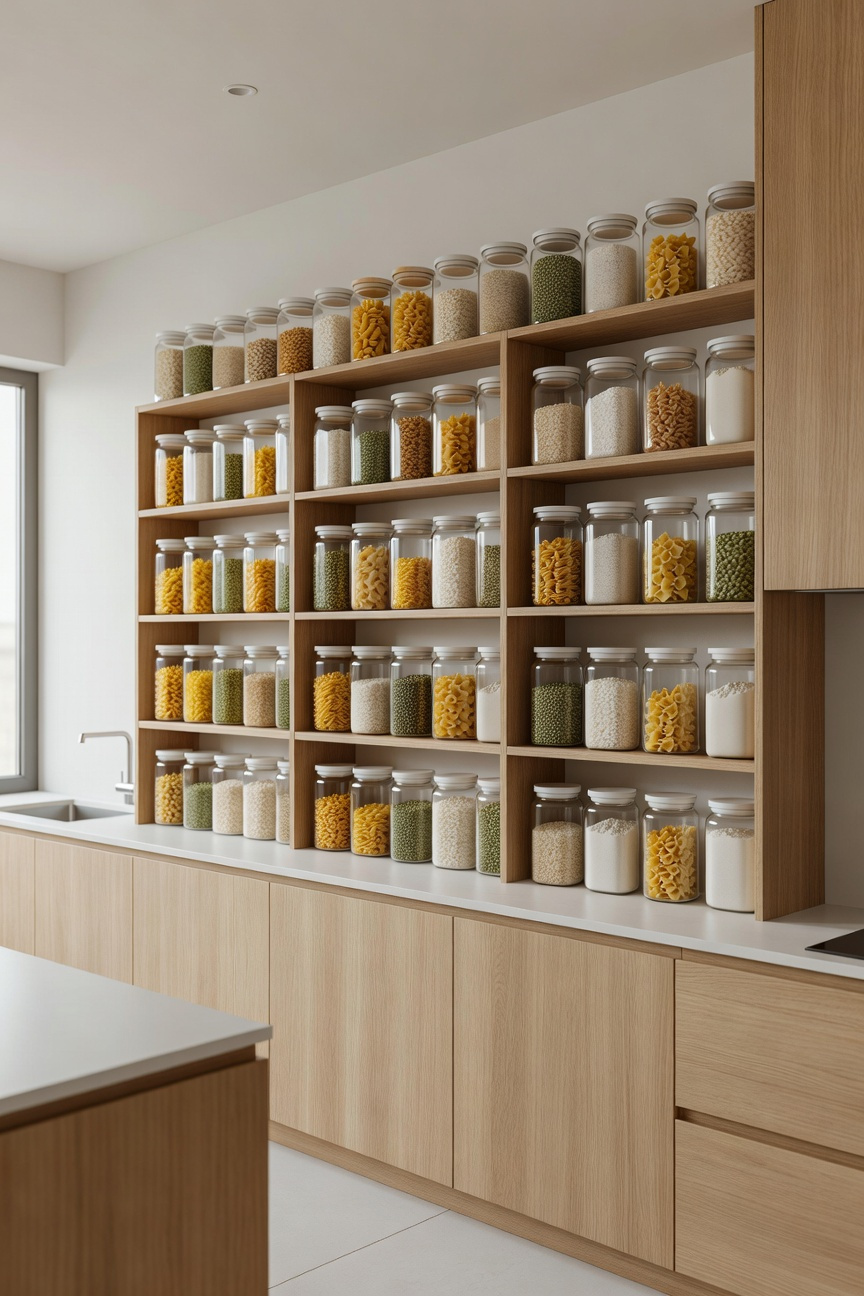 Photograph of a highly organized minimalist apartment kitchen pantry featuring dozens of identical, square glass jars filled with dry goods, arranged neatly on light wood shelves to achieve visual silence.