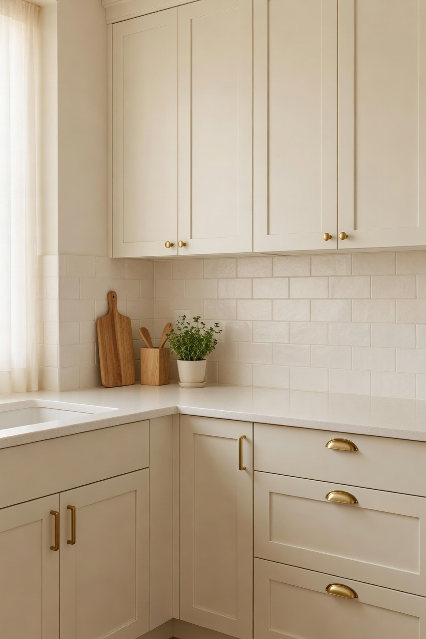 Small apartment kitchen decor featuring warm creamy off-white cabinets and walls, successfully utilizing a white on white palette to maximize light and achieve a cozy atmosphere.