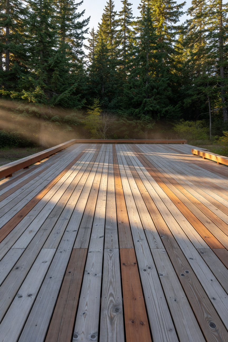 A wide cedar deck showing a weathered silvery-gray patina transitioning from the original warm reddish-brown wood color, set in a natural forest environment.