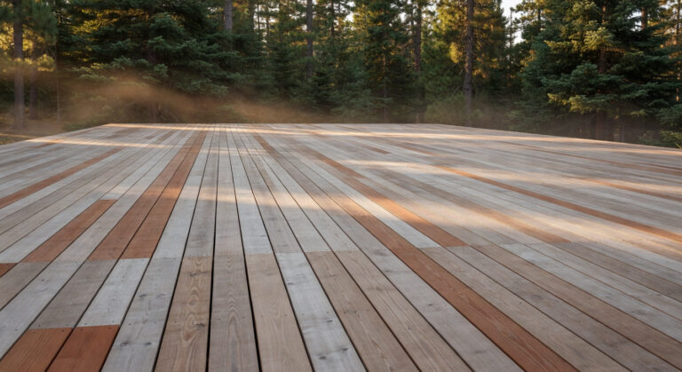 A wide cedar deck showing a weathered silvery-gray patina transitioning from the original warm reddish-brown wood color, set in a natural forest environment.