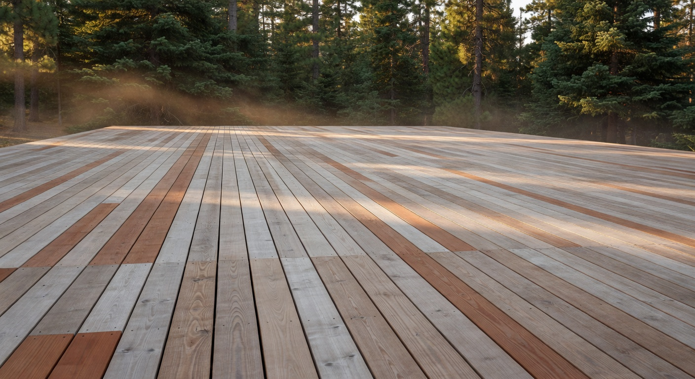 A wide cedar deck showing a weathered silvery-gray patina transitioning from the original warm reddish-brown wood color, set in a natural forest environment.