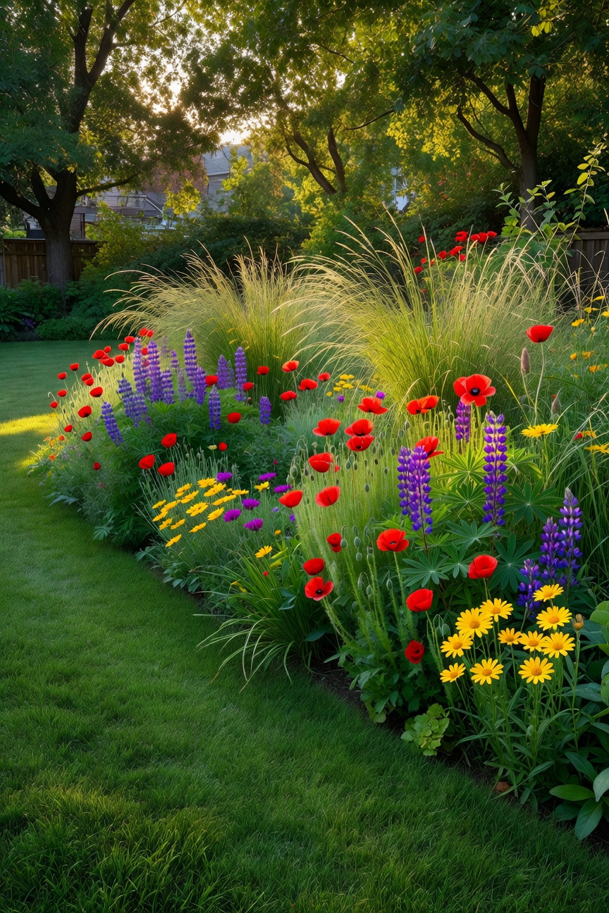 A vibrant garden scene showing a transition from a mown lawn to a wild meadow filled with diverse native wildflowers and tall grasses in the golden hour light.