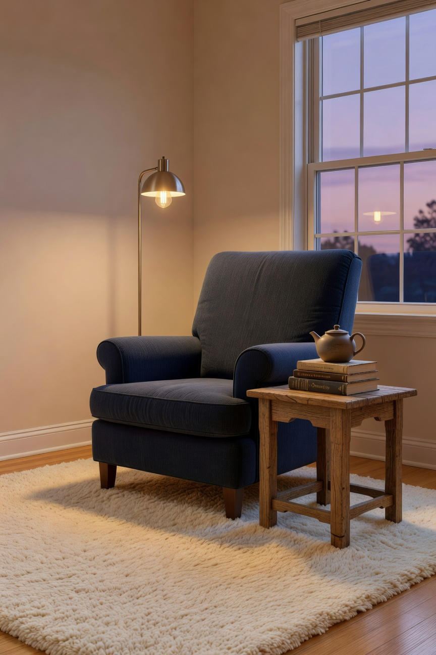 A peaceful tech-free analog nook in a living room featuring a navy high-back chair, a plush wool rug, and warm evening lighting.