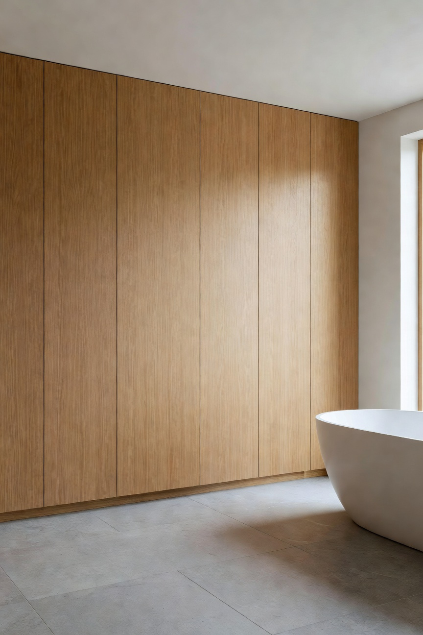 A modern Scandinavian bathroom showcasing seamless flush-mount light wood cabinetry with no handles for a minimalist and clutter-free design.