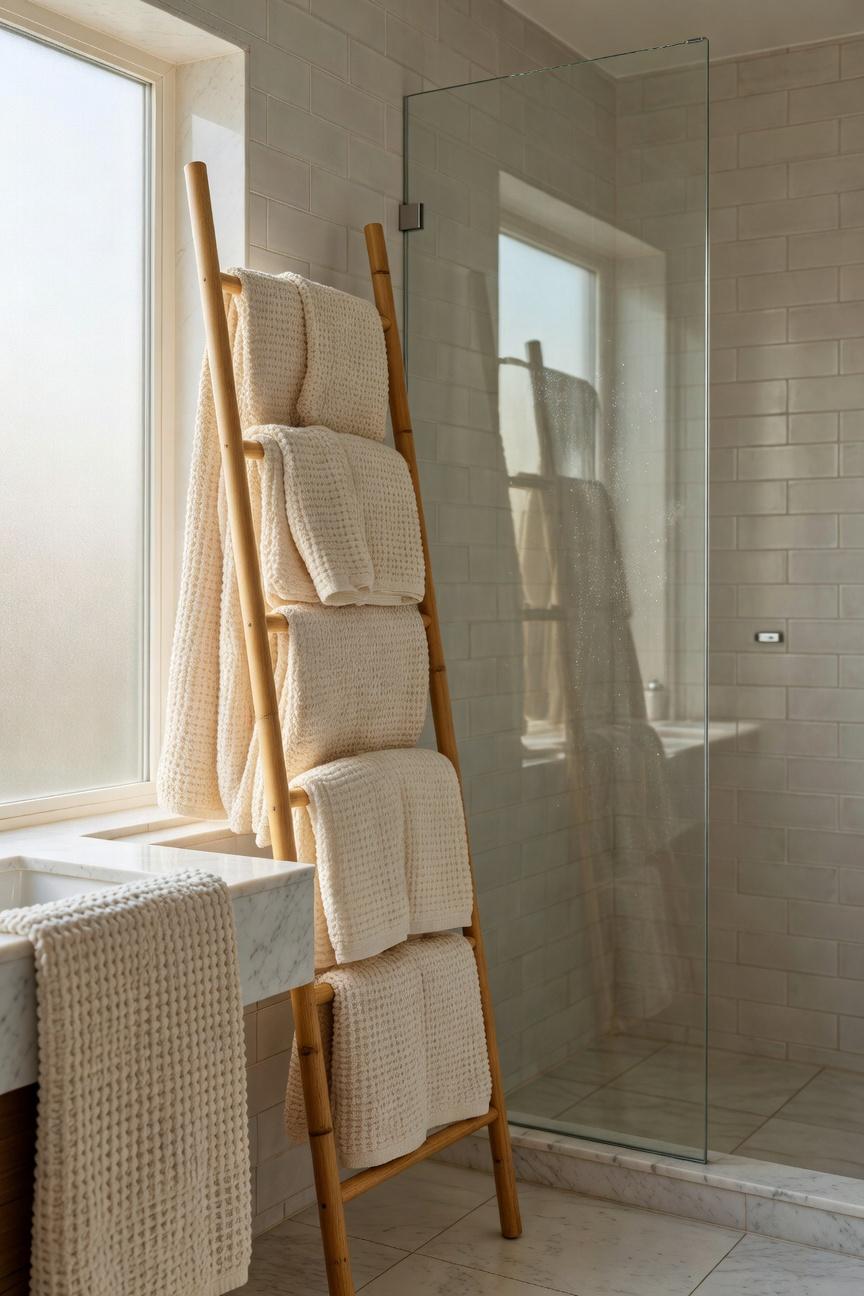A bright, modern bathroom featuring layered waffle-knit organic cotton towels on a wooden rack, illustrating bathroom makeover ideas for acoustic softening.