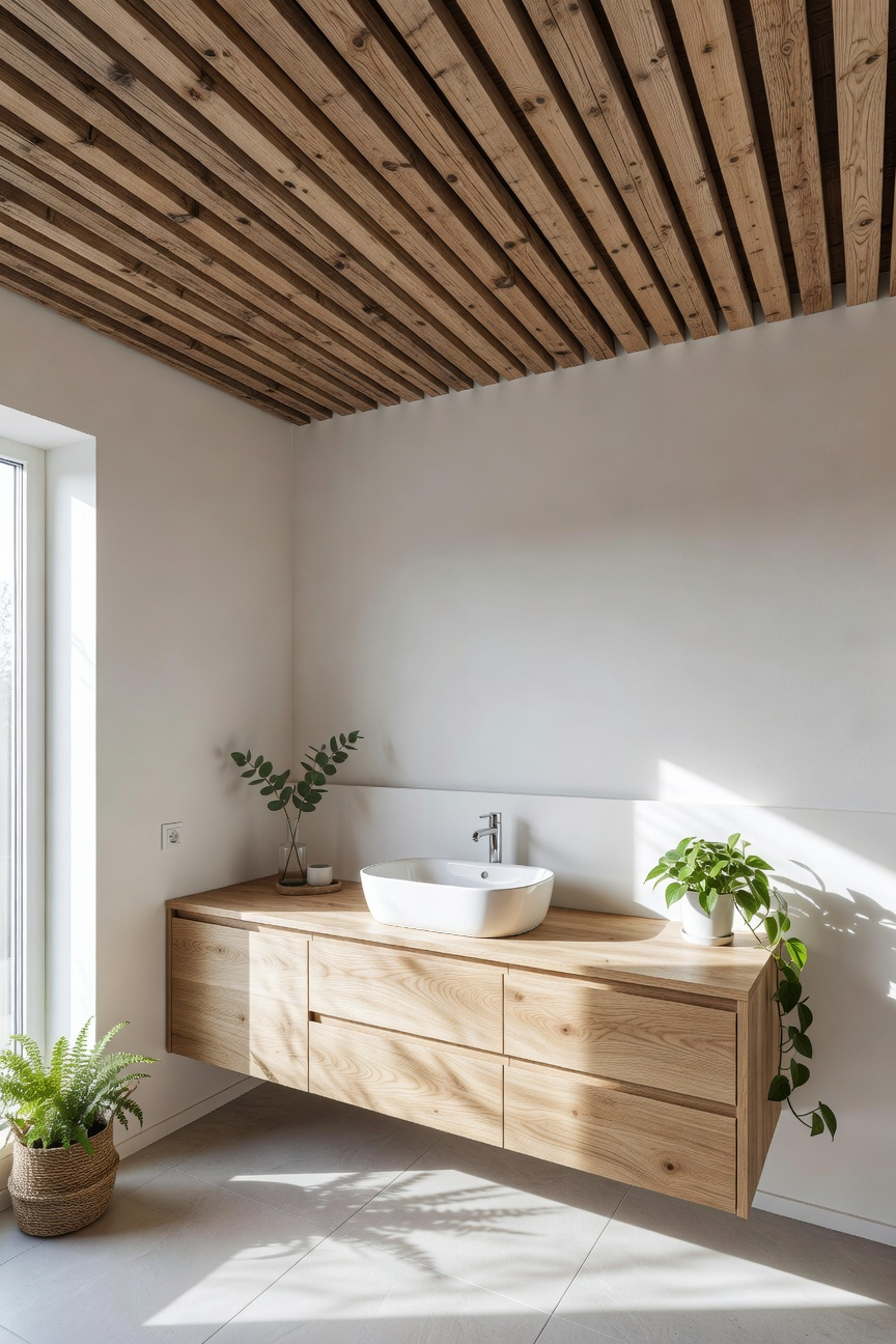 Modern bathroom interior featuring a floating oak vanity and a slatted timber ceiling with natural light.